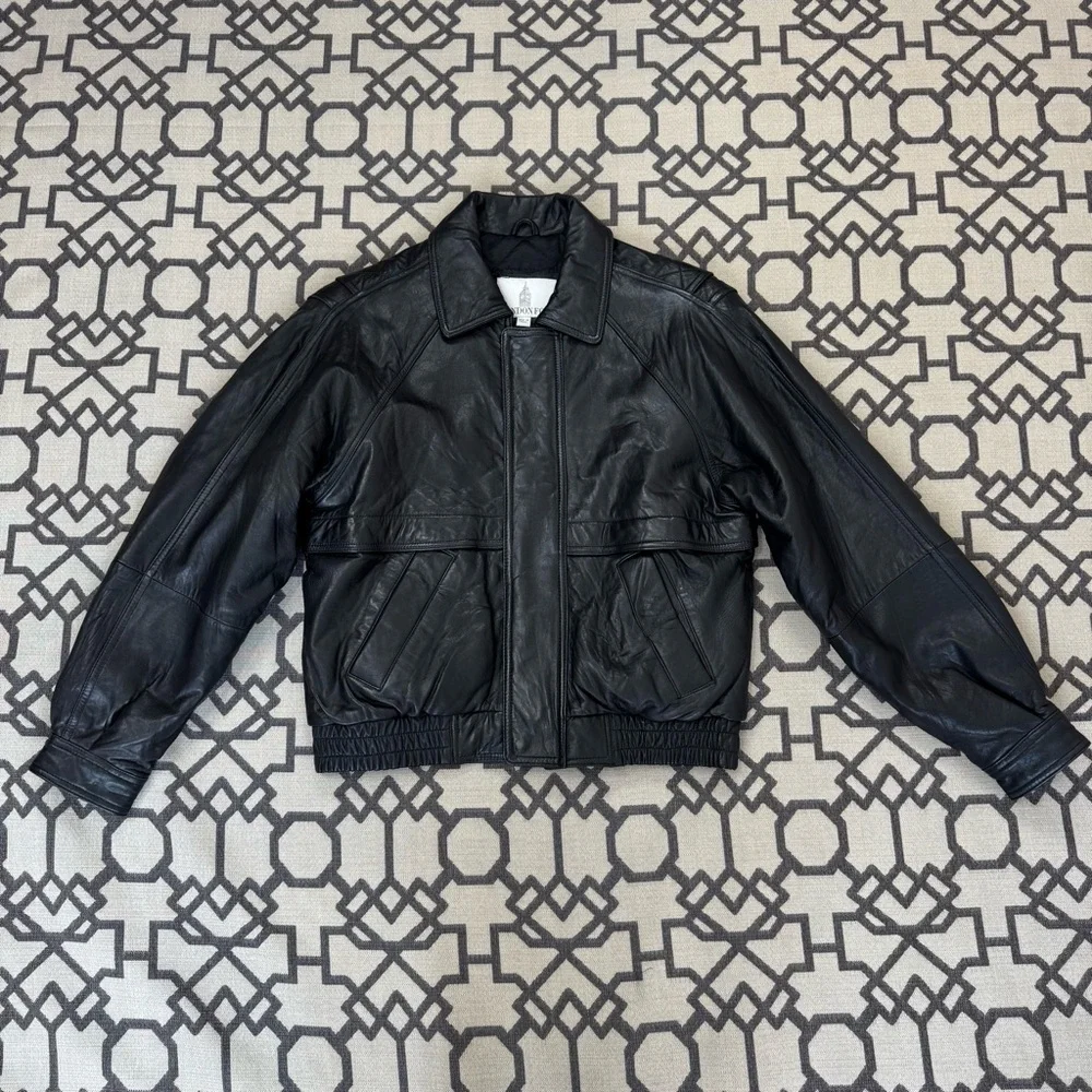 London Fog Black Genuine Leather Bomber Jacket Sz S - Picture 3 of 15